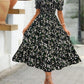 Printed Square Collar Waist-tight Puff Sleeve Layered Dress