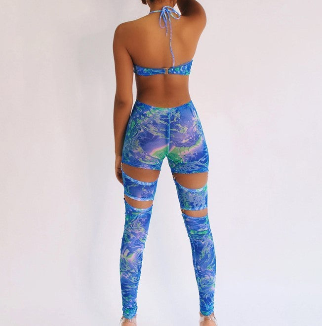 Summer Fashion Halter Neck Buckle Cutout Strap Hollow Jumpsuit