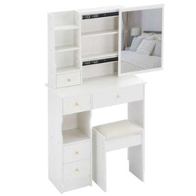 29.2 Small Space Left Drawer Desktop Vanity Table  Cushioned Stool, Extra Large Right Sliding Mirror, Multi Layer High Capacity Storage, Practical Fashionable Dresser, Suitable For Small Space