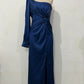 Diagonal Collar Raglan Sleeve Pleated Waist Tight Split Long Dress