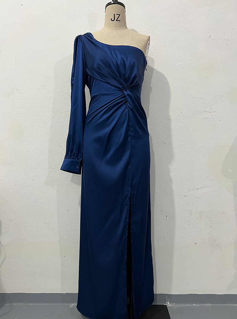 Diagonal Collar Raglan Sleeve Pleated Waist Tight Split Long Dress