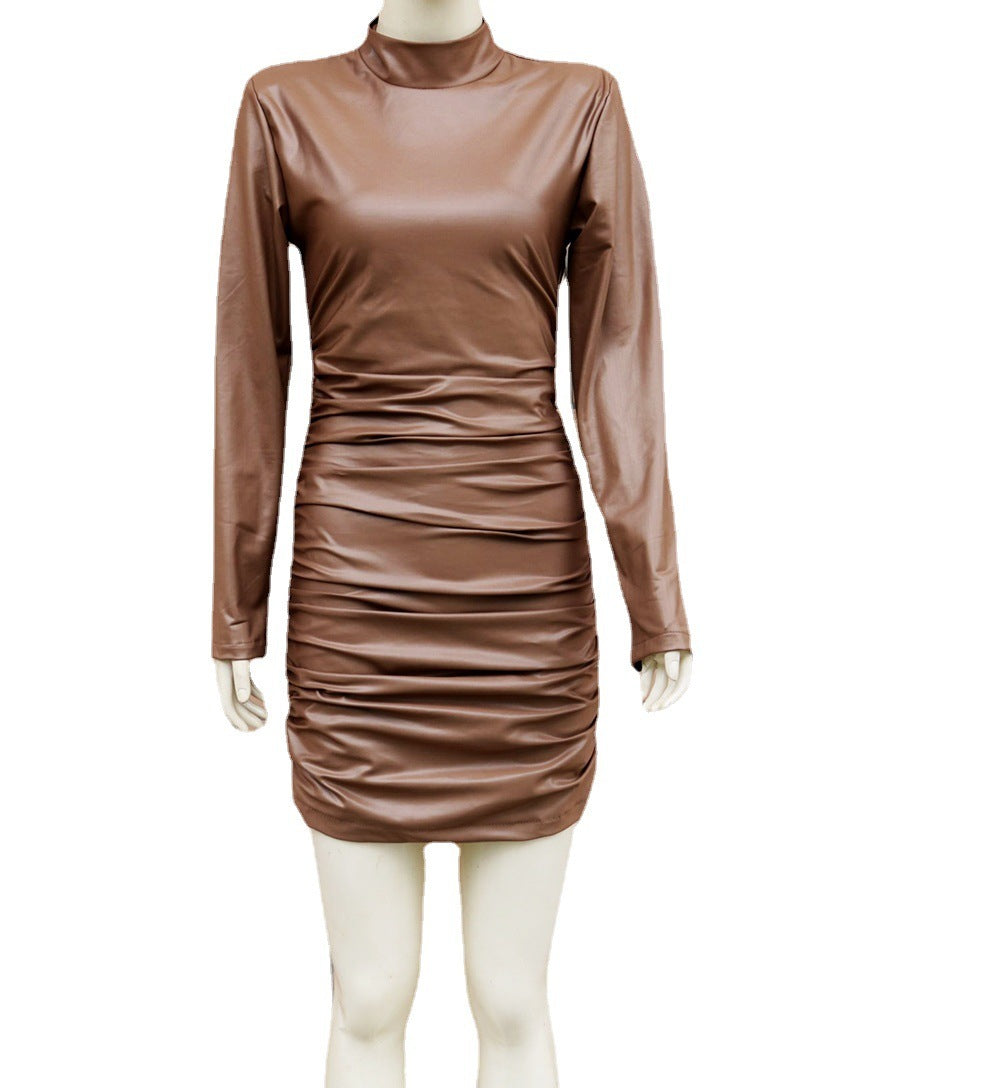 Women's Clothes Faux Leather Long Sleeve Stand Collar Skinny Sheath Nightclub Dress