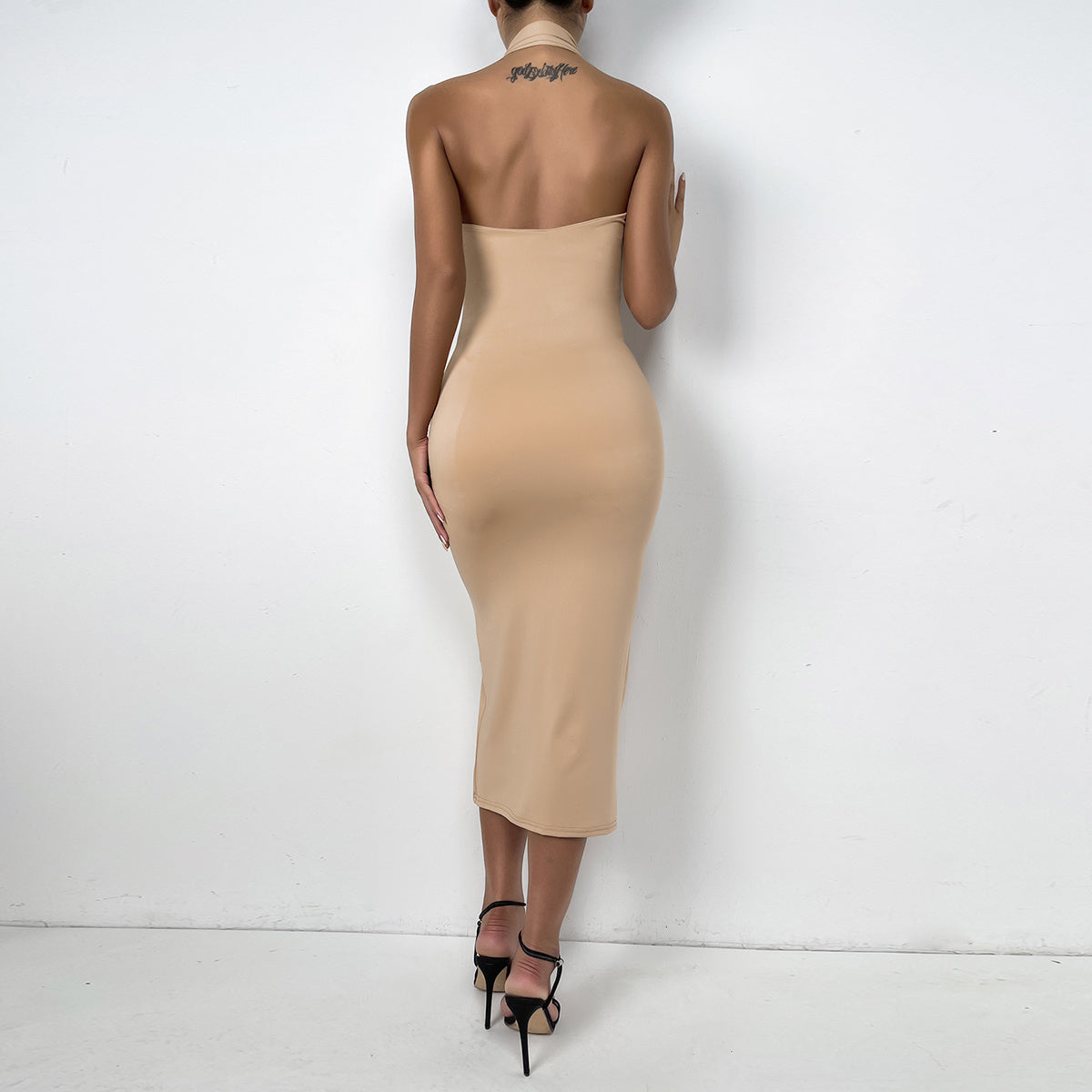 Drawstring halter halter pleated dress