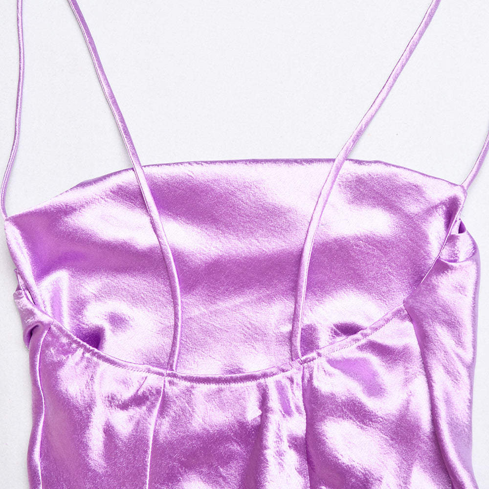 Sling Solid Satin U-Neck Bow Irregular Backless Top