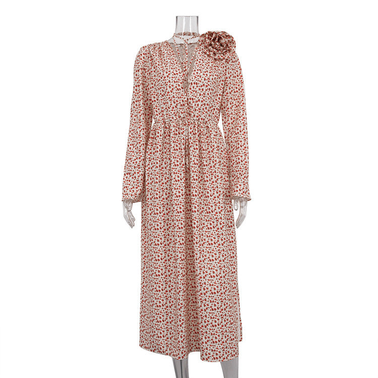 Deep V-neck Lace-up Waist Side Slit Floral Dress