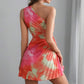 Sleeveless One-shoulder Printed Pleated Dress