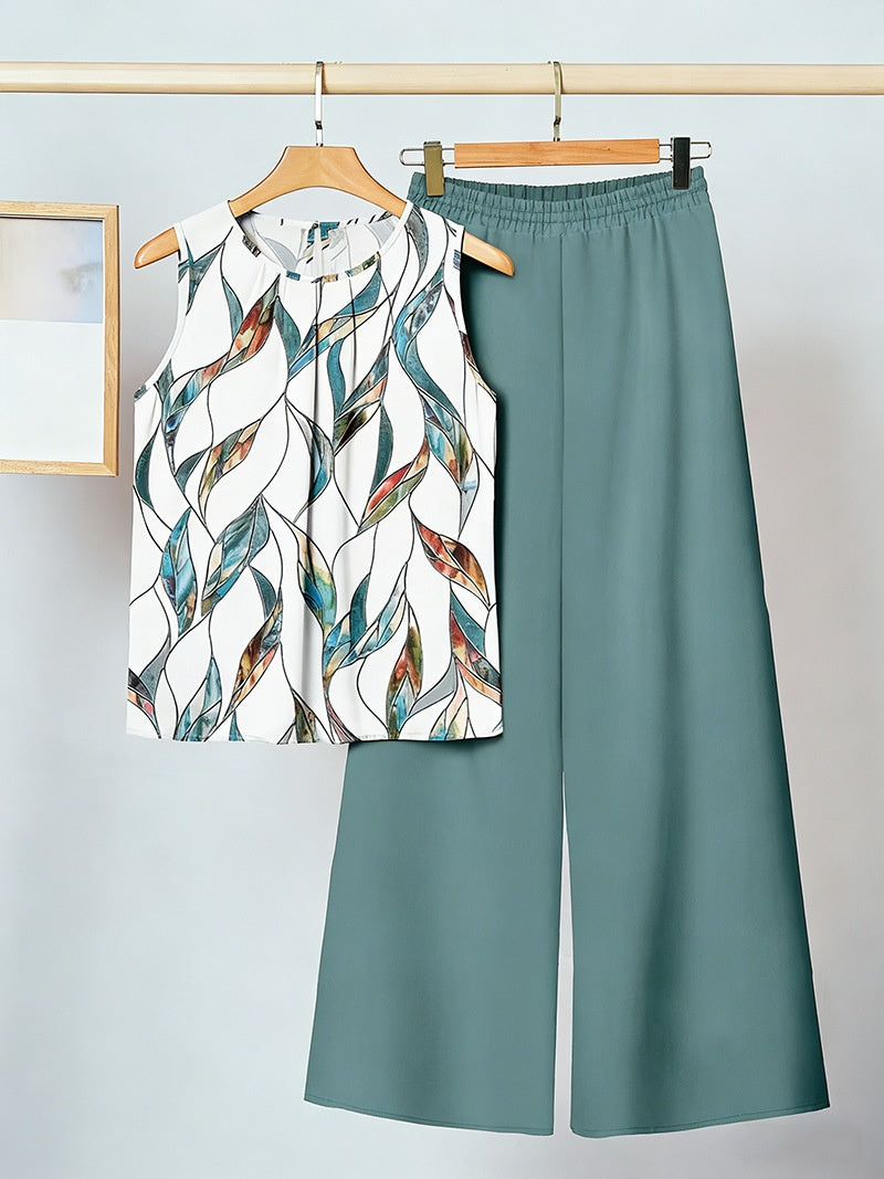 Womens Sleeveless Irregular Tank Top And Pants Fashionable Printed Two-Piece Set