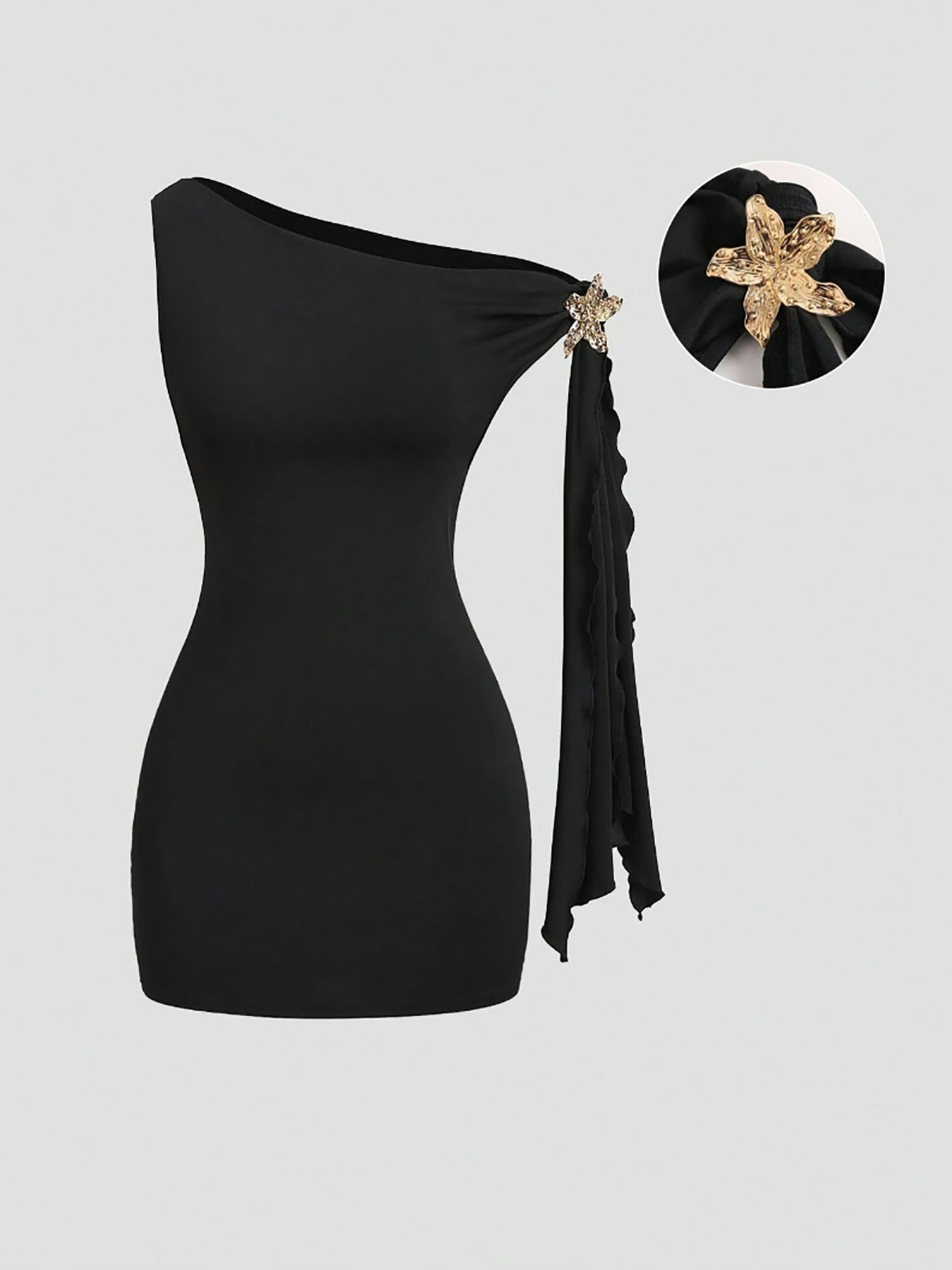 Slant-shoulder Metal-embellished Slimming Sexy Womens Outfit