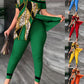 Women's Fashion Casual Slit Diagonal Collar Printing Suit