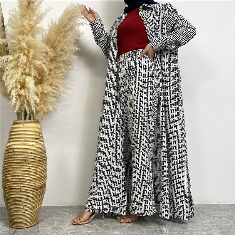 Fashion Printed Satin Full Button Long Cardigan And Pocket Pants Set