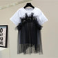 Mid-length Short-sleeved T-shirt Loose Slimming Contrast Color Beaded Bowknot Top