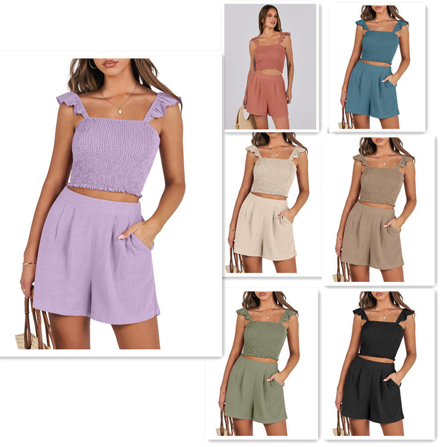 Costume décontracté sans manches à bretelles spaghetti à volants pour femme