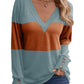 Color Block Stitching Fastener Decoration Casual V-neck Top