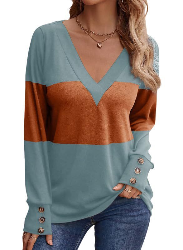 Color Block Stitching Fastener Decoration Casual V-neck Top