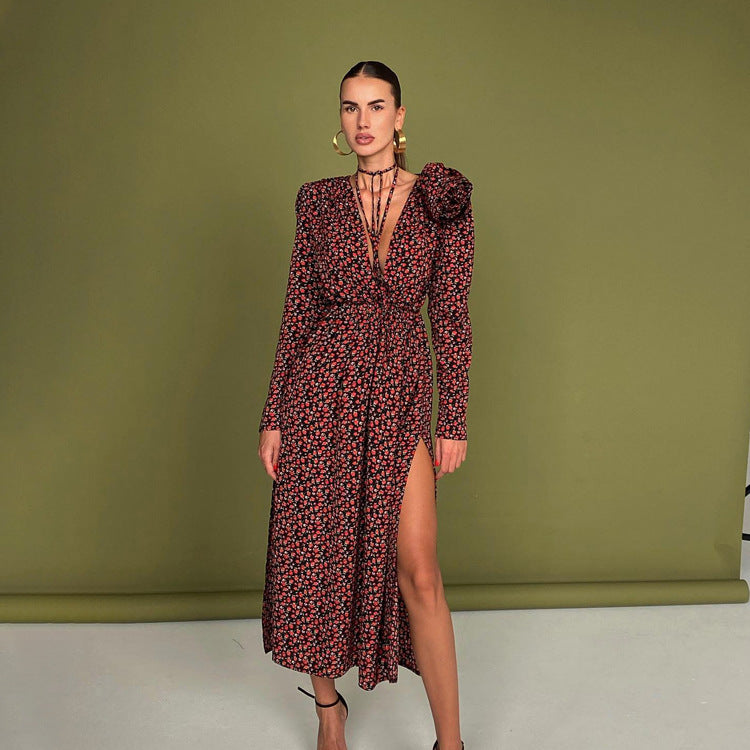 Deep V-neck Lace-up Waist Side Slit Floral Dress