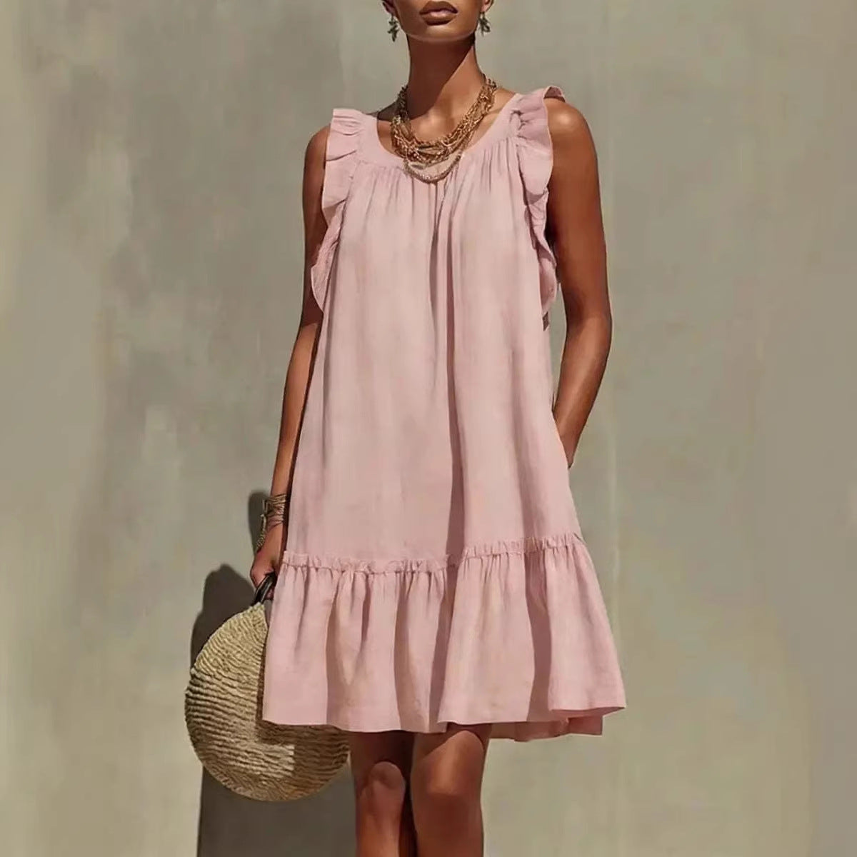 New Stylish Casual Loose Round-Neck Sleeveless Ruffle-Trim Dress