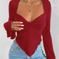 V-neck Flared Sleeves Waist Trimming Knitted Long Sleeve T-shirt