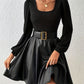 PU Leather Patchwork A-line Dress With A Square Neckline And Puff Sleeves
