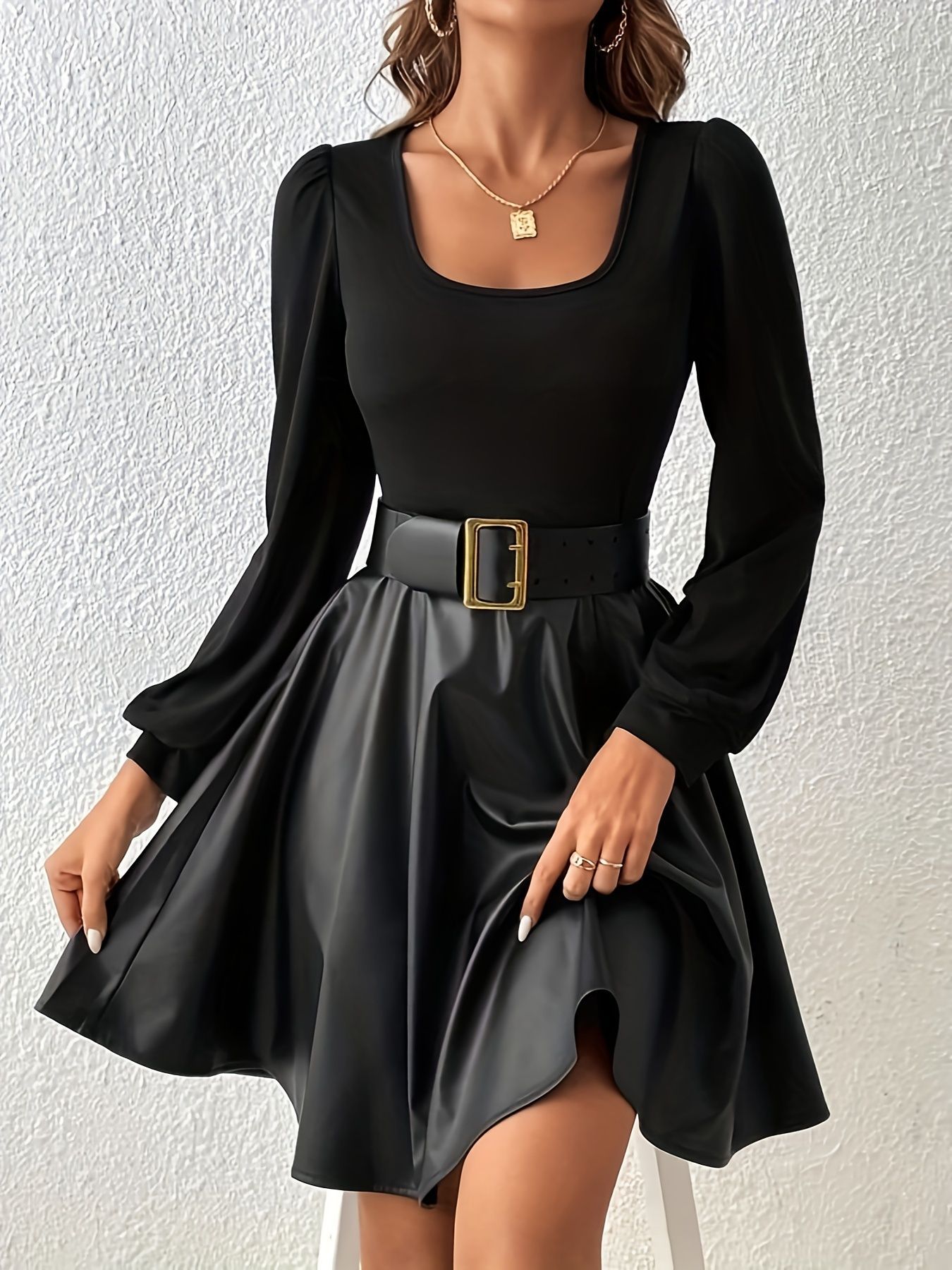 PU Leather Patchwork A-line Dress With A Square Neckline And Puff Sleeves