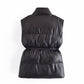 Fashion All-match Drawstring Waist Slimming Faux Leather Waistcoat Cotton Jacket