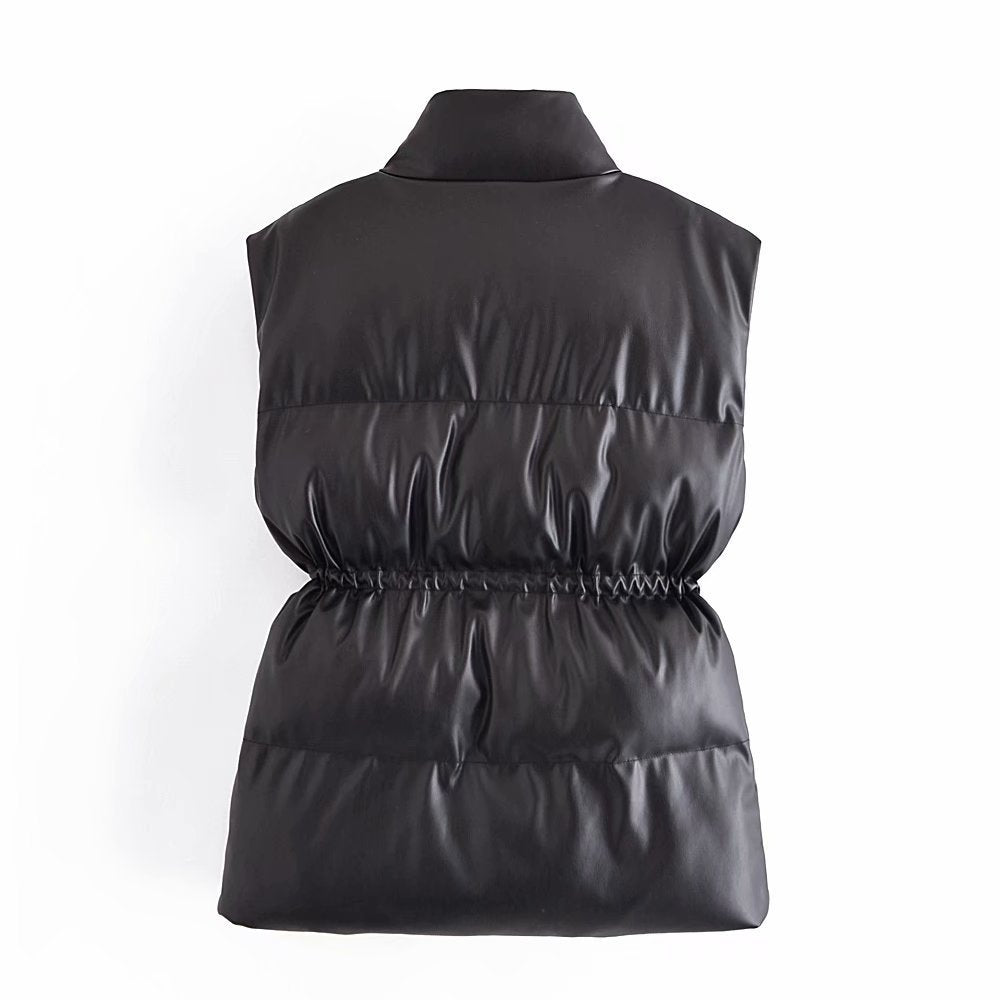 Fashion All-match Drawstring Waist Slimming Faux Leather Waistcoat Cotton Jacket