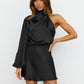 Womens Evening Gown Satin Long Sleeves One-shoulder Dress