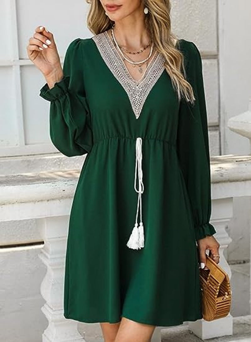 Solid Color Long Sleeve Lace V-neck Tight Waist Dress