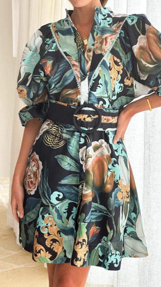 Stylish All-matching Linen Dress With A Chic Print And Lace Trim