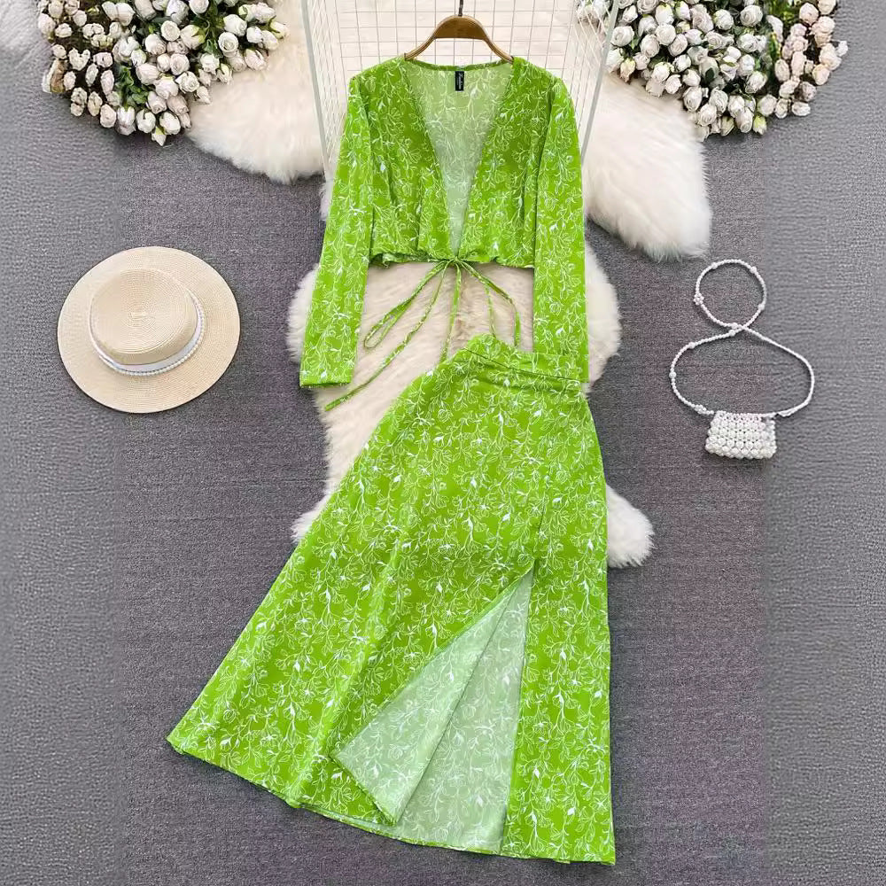 European And American-style Long-sleeve Deep V-neck Tie-up Top Two-piece Set