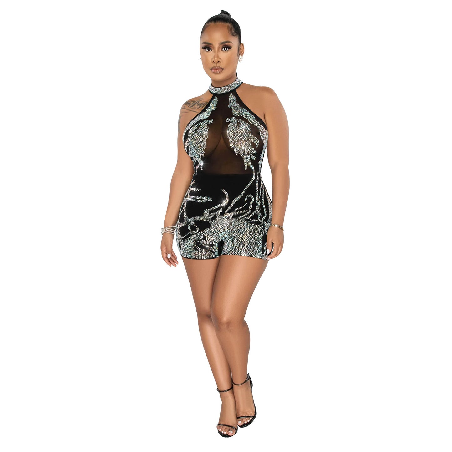 Combinaison moulante en maille strass pour femme