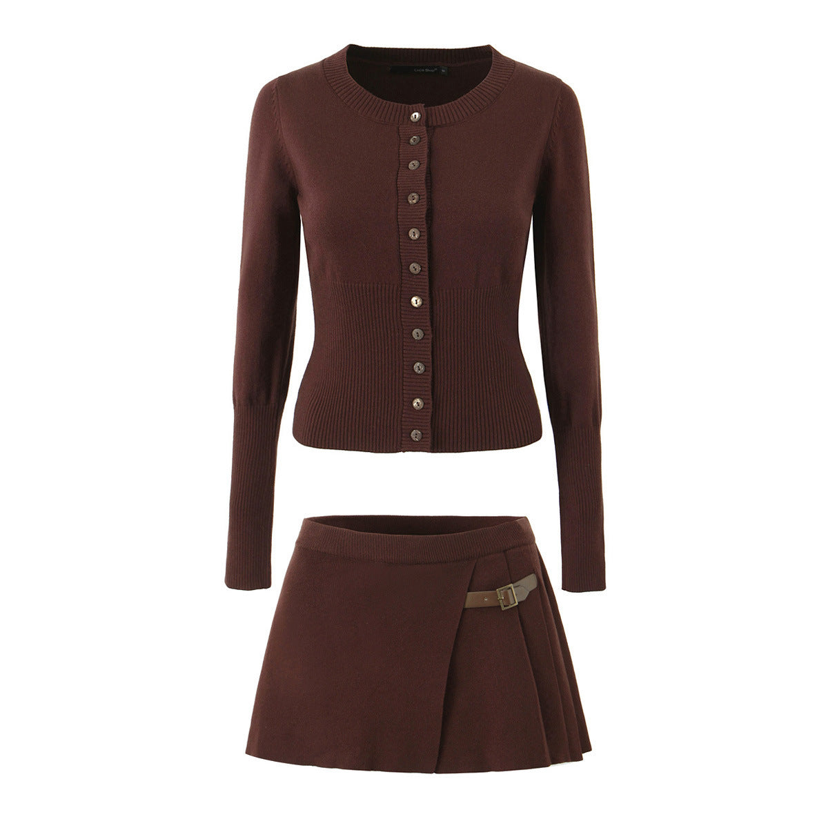 Slim Breasted Knitted Cardigan High Waist Leather Ring Pleated Skirt