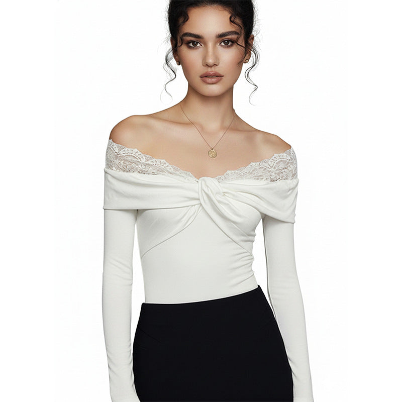 Sexy Lace-embellished Off-shoulder White Long-sleeve Bodycon Jumpsuit