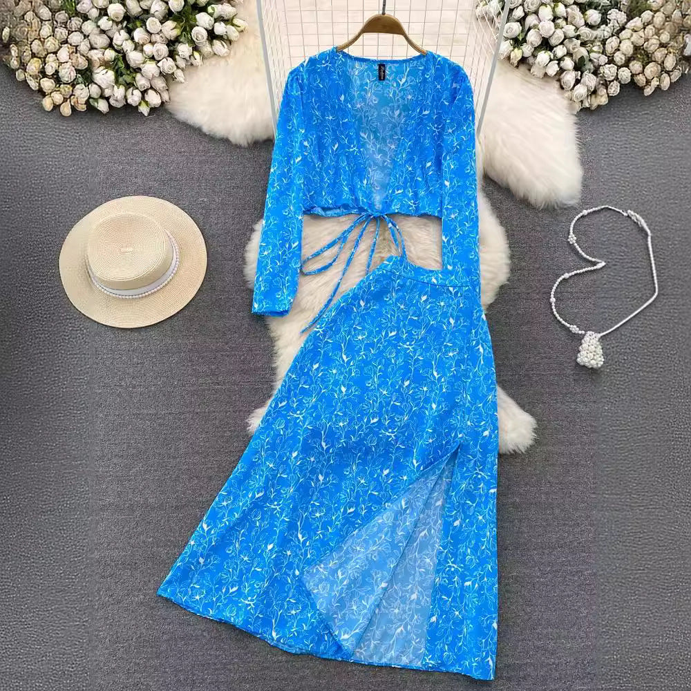 European And American-style Long-sleeve Deep V-neck Tie-up Top Two-piece Set