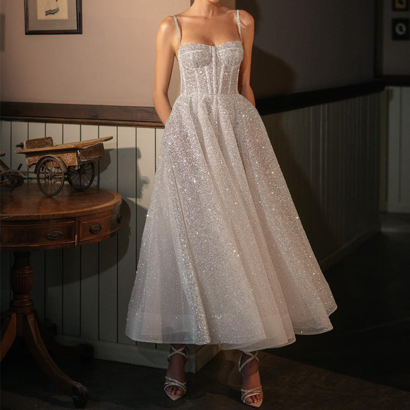 Halter Spray Silver Shiny Party Dress