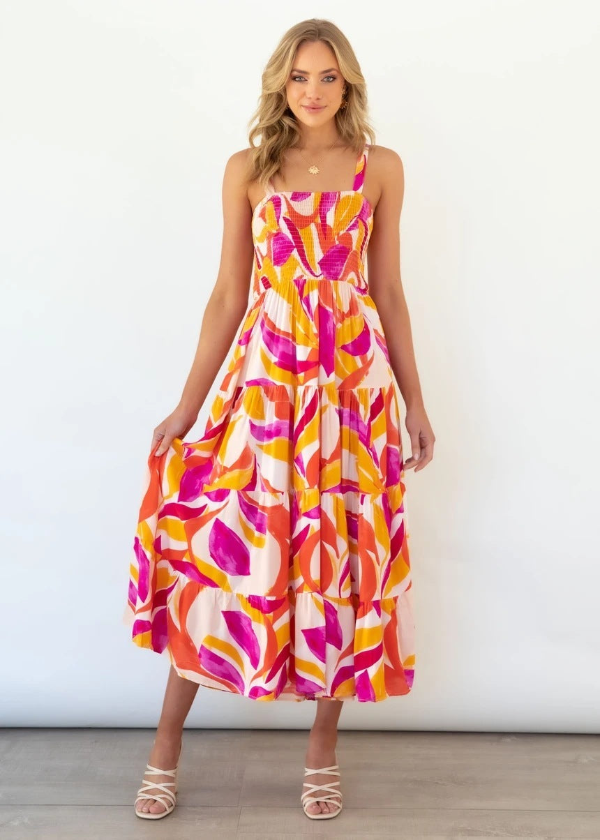 Spaghetti-strap Floral Print Pleated Dress