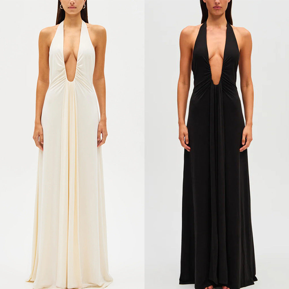 European And American Solid Color See-through Low Cut Sleeveless Dress Women