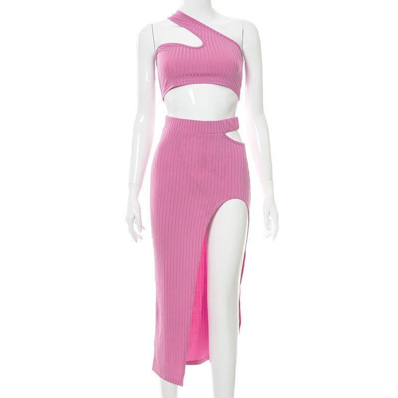 Summer Fashion Temperament Slim Fit Spicy Girl Outfit Solid Color Slit Thread Skirt Set