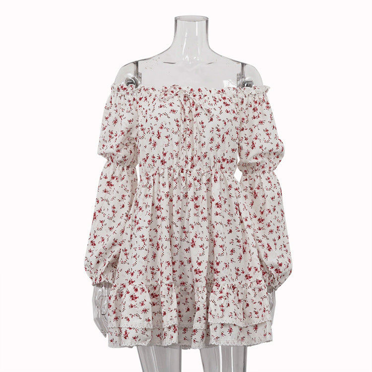 Off-neck Puff Sleeve Pleated Tube Top Printed Waist-controlled Dress