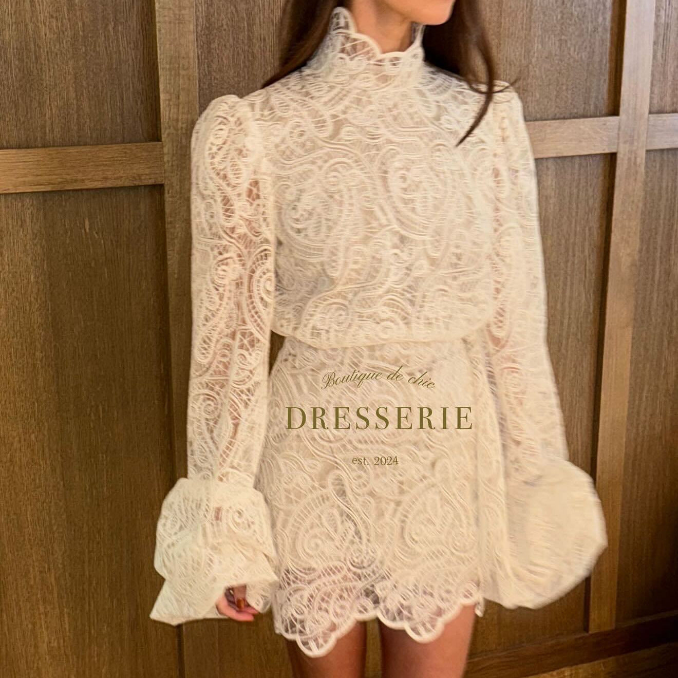 Womens Fashion Two-Piece Set Lantern-Sleeve Turtleneck Lace Top And Bottom