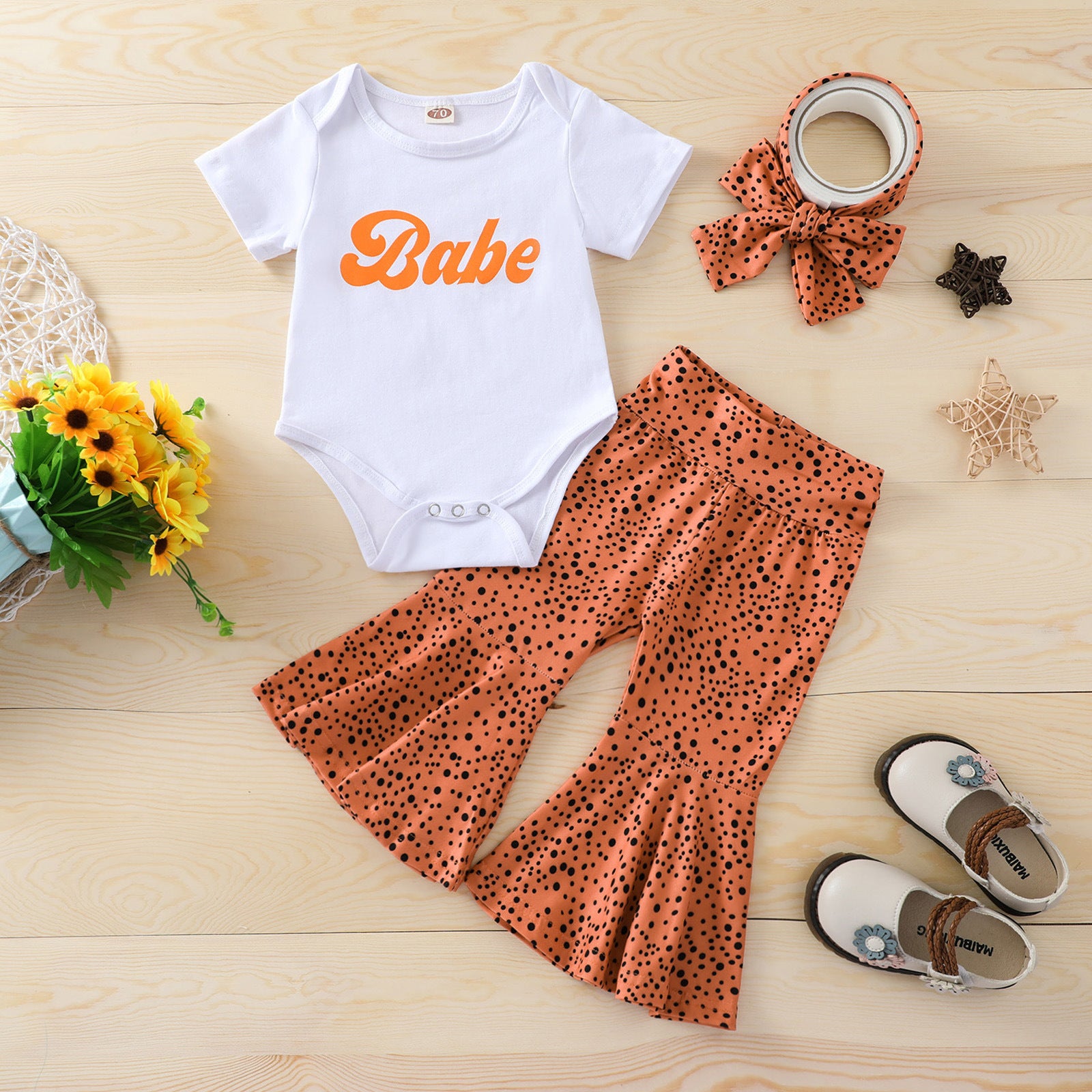 New Fashion Round Neck Letter Print Romper Flared Pants Set