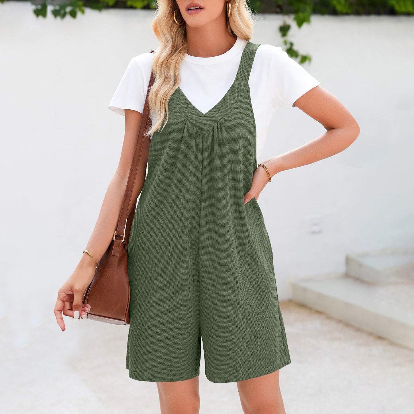 Women's Solid Color V-neck Brace Jumpsuit