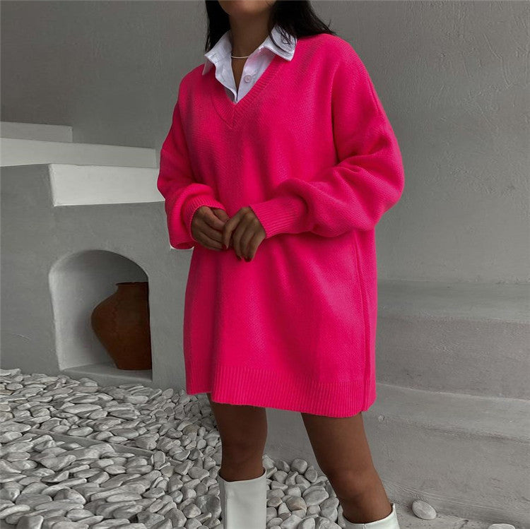 European And American Long-sleeved V-neck Casual Loose Knit Pullover