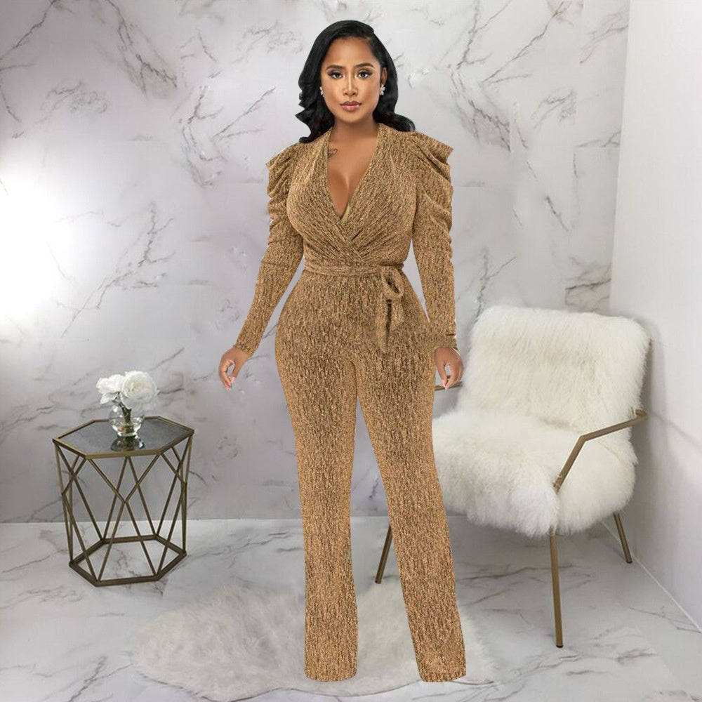 Waist Trimming V-neck Puff Sleeve Glossy Knitted Jumpsuit