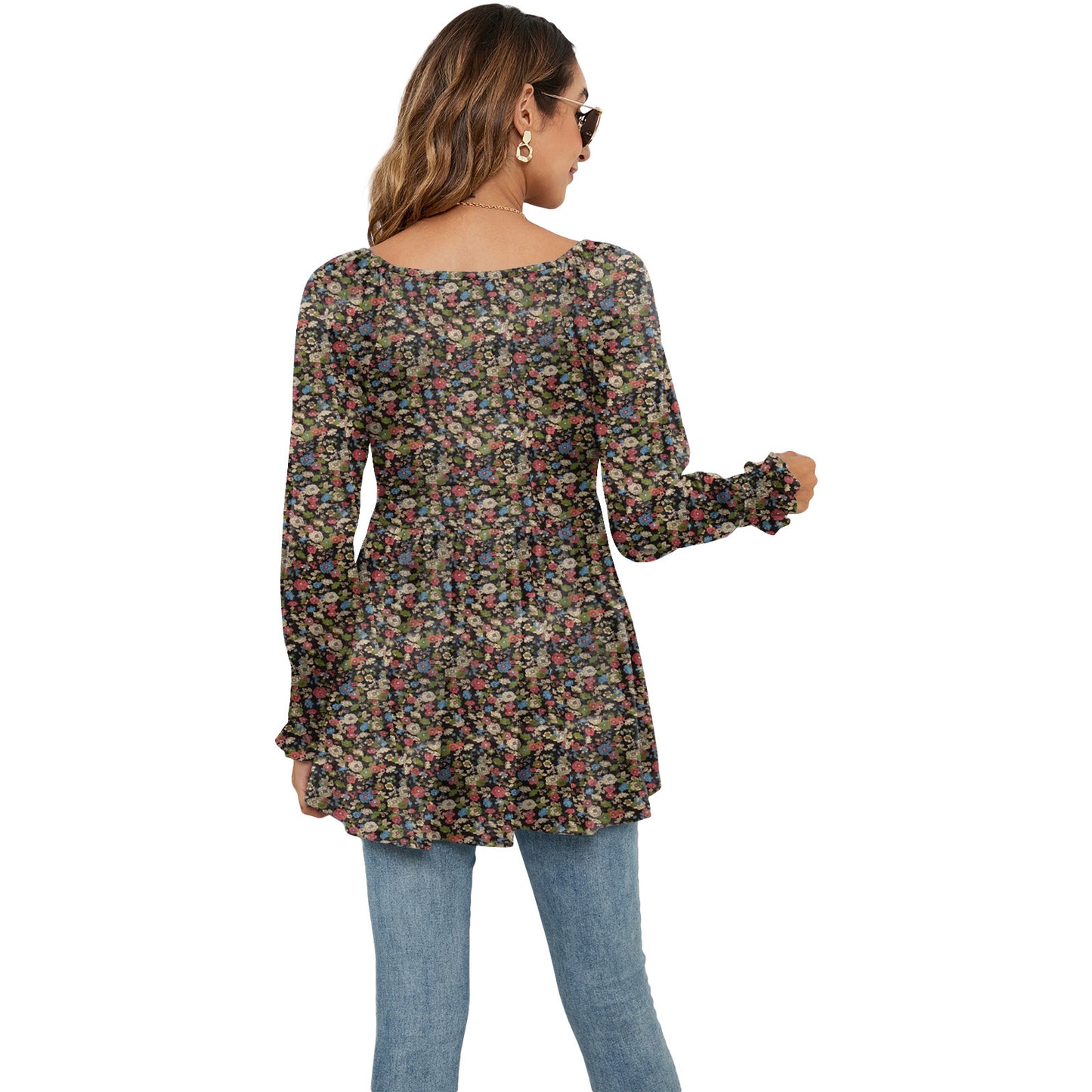 Hauts à manches longues bouffantes pour femmes, imprimés floraux, chemisiers décontractés à col en V, t-shirts, hauts babydoll