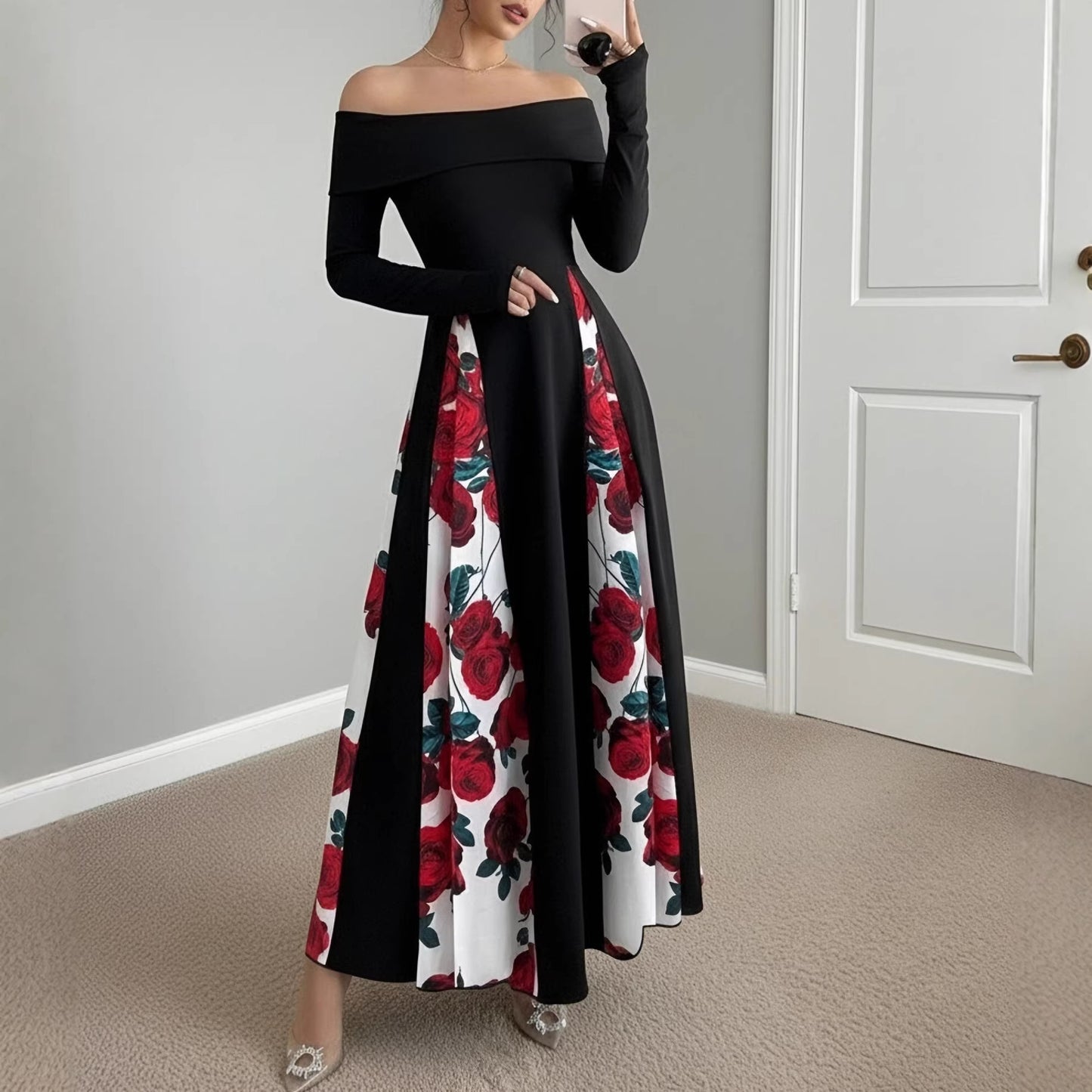 Off-shoulder Contrast-color Patchwork Long-sleeve Elegant Figure-flattering Dress