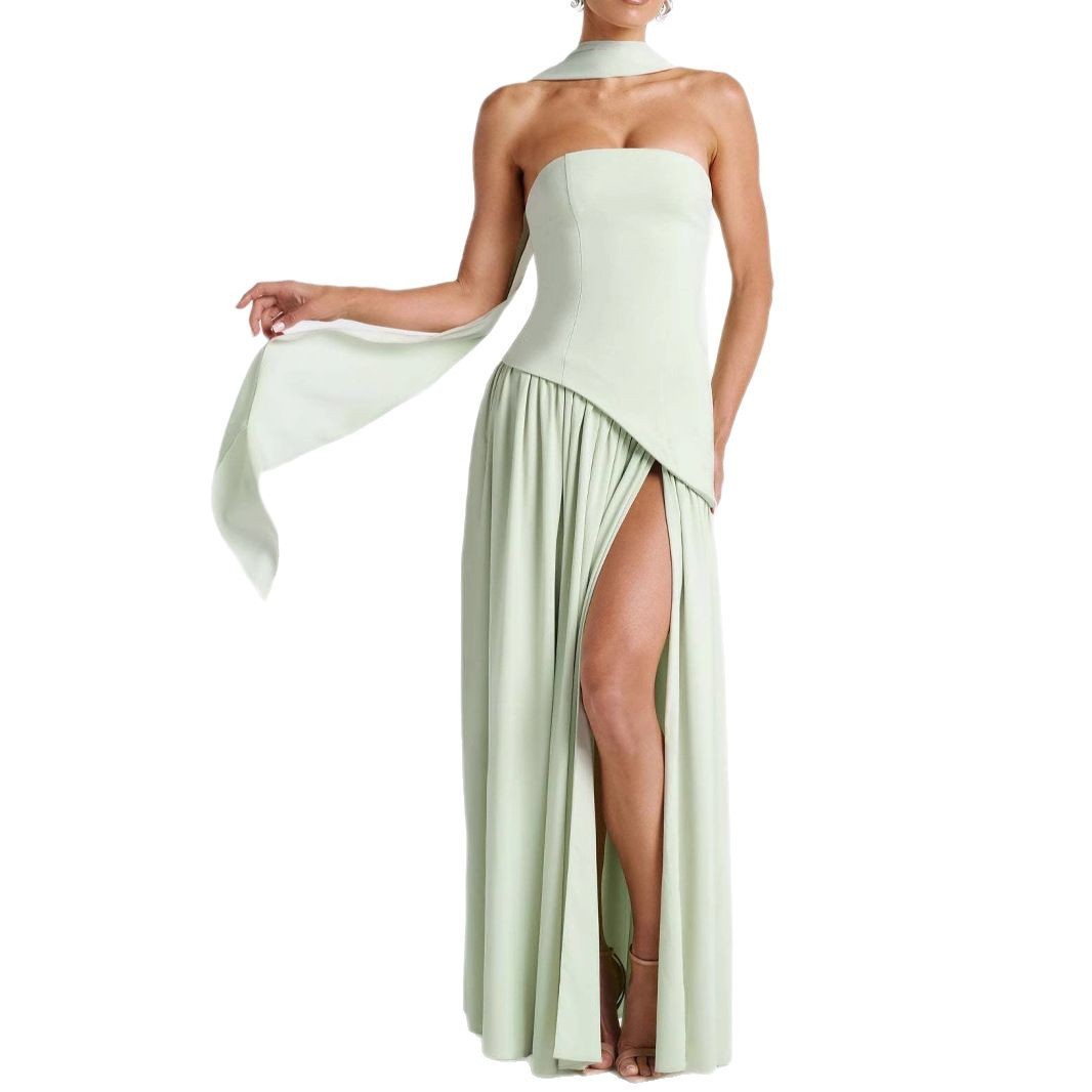 Fashion Backless Tube Top Color Split Dress