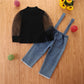 Girls' Suit New Children's Mesh Sleeves Top Denim Suspender Pants Two-piece Set