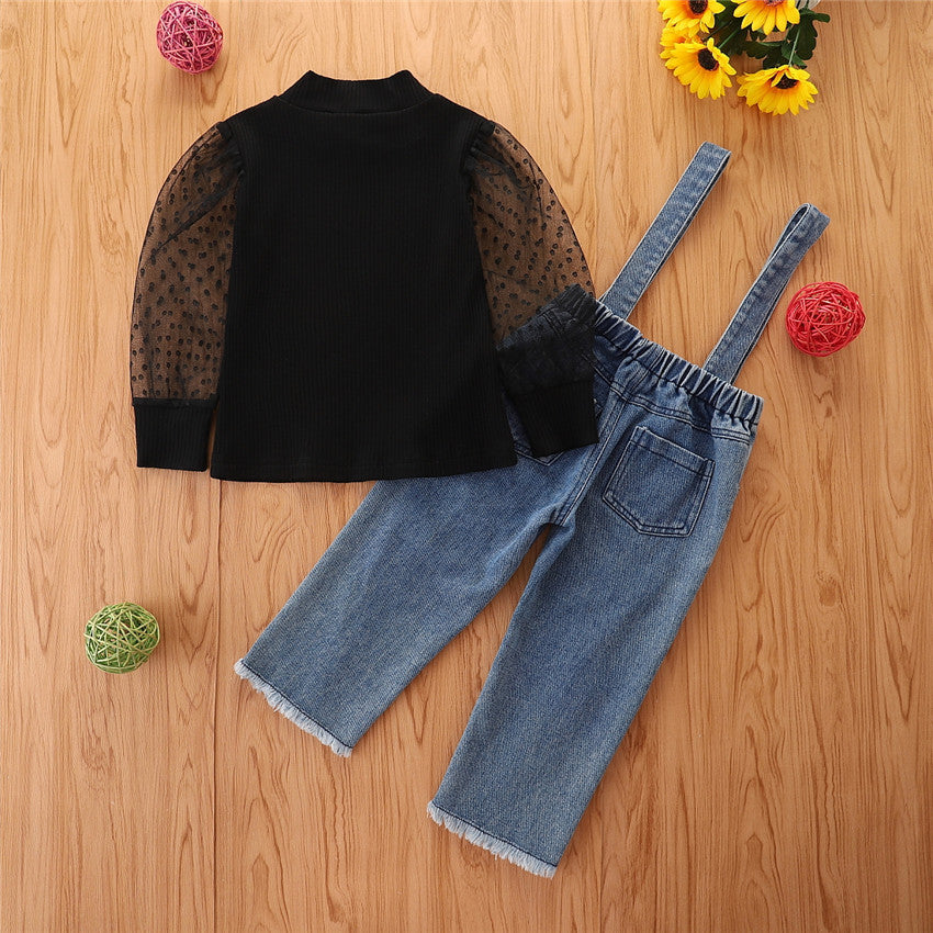 Girls' Suit New Children's Mesh Sleeves Top Denim Suspender Pants Two-piece Set