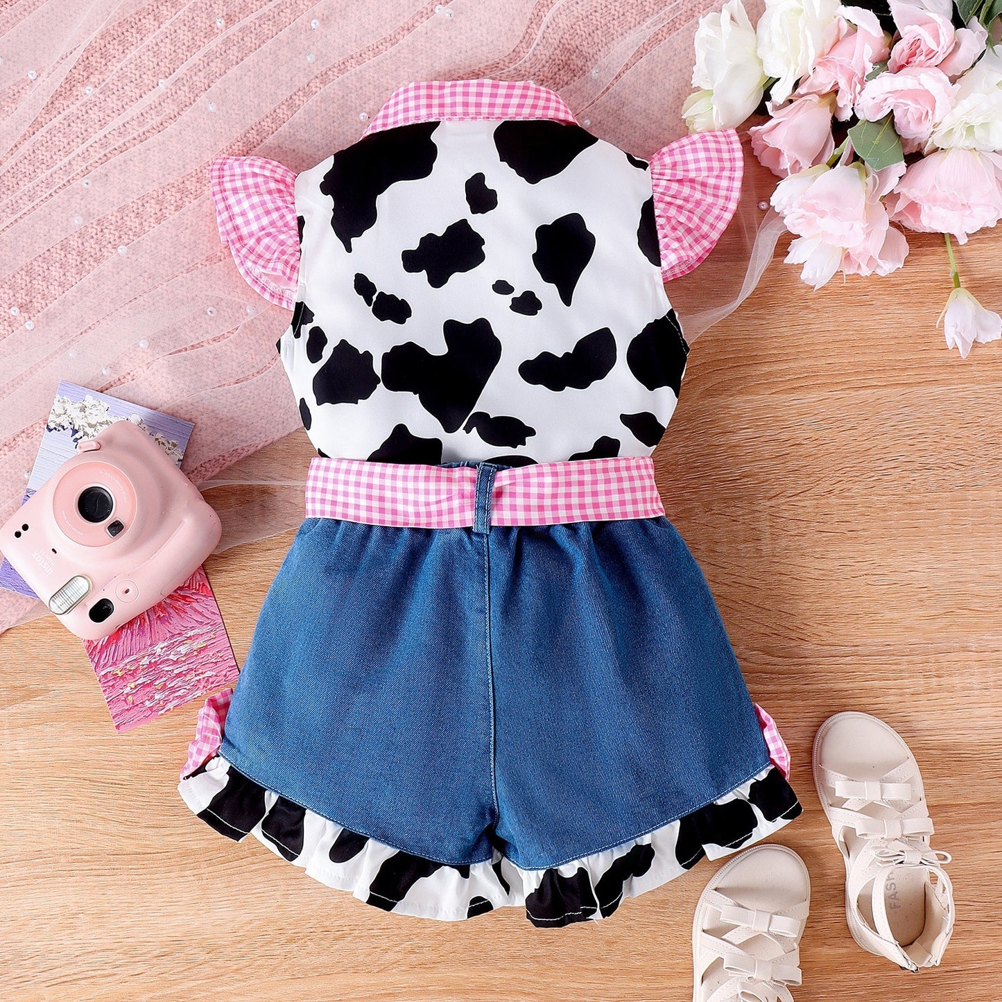 Flounced Sleeve Cow Print Top Denim Stitching Shorts Girls Suit