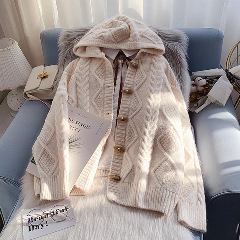 Horn Button Hooded Twist Sweater Jacket